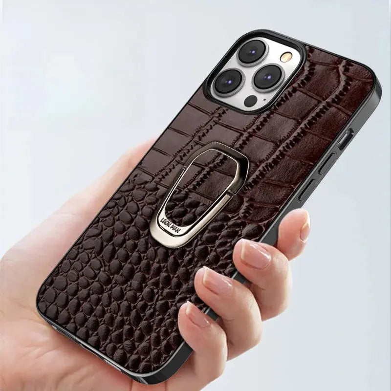 Genuine Cowhide Leather Bracket Phone Case For iPhone 15 14 13 12 11 Pro Max XR XS Max SE 2022 7 8 Plus Back Cover with Ring Pinnacle Luxuries